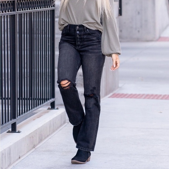 KanCan Size 11/29 Lynne Ultra High Rise Straight Leg Jeans Distressed Black NEW - Picture 5 of 14